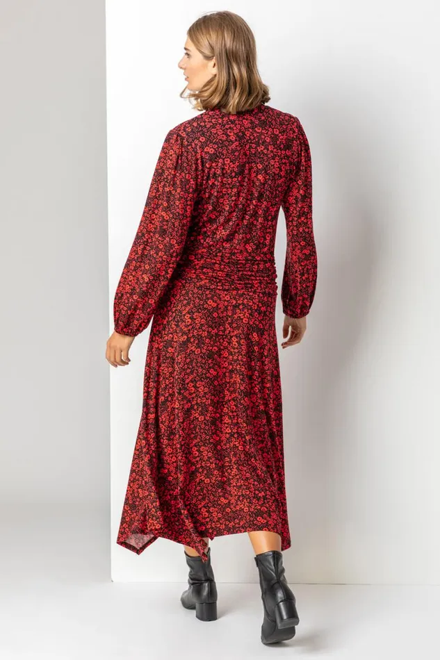 Women Red Floral Print Pleat Detail Midi Dress Roman Dresses