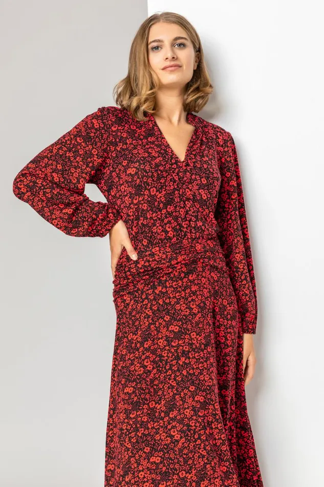 Women Red Floral Print Pleat Detail Midi Dress Roman Dresses
