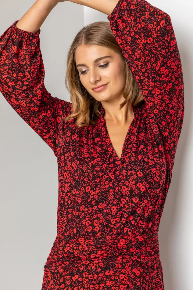 Women Red Floral Print Pleat Detail Midi Dress Roman Dresses