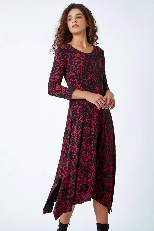 Women Red Floral Print Pocket Midi Stretch Dress Roman Dresses