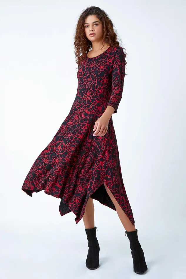 Women Red Floral Print Pocket Midi Stretch Dress Roman Dresses