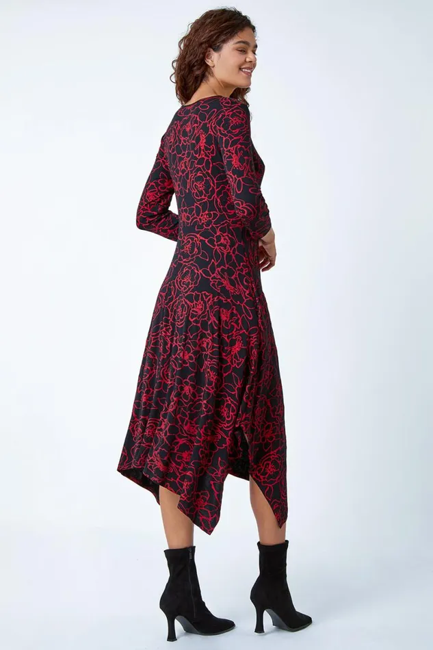 Women Red Floral Print Pocket Midi Stretch Dress Roman Dresses