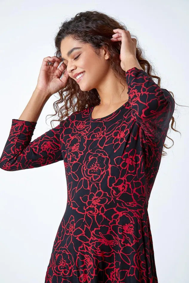 Women Red Floral Print Pocket Midi Stretch Dress Roman Dresses