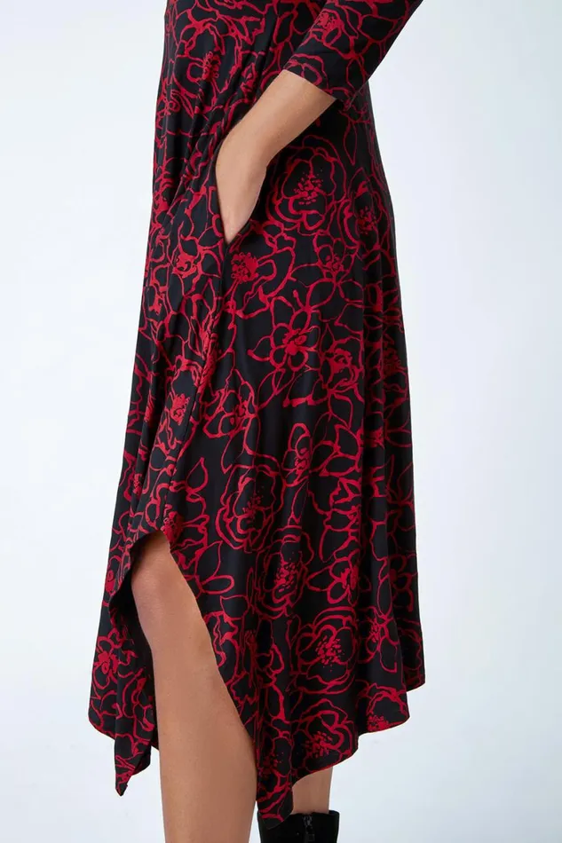 Women Red Floral Print Pocket Midi Stretch Dress Roman Dresses