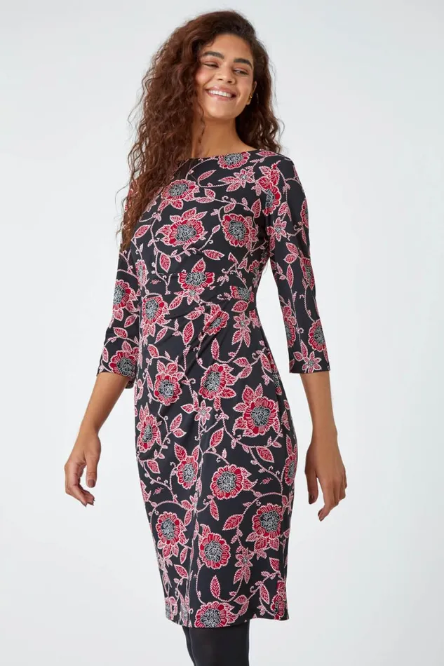 Women Red Floral Print Ruched Waist Stretch Dress Roman Dresses