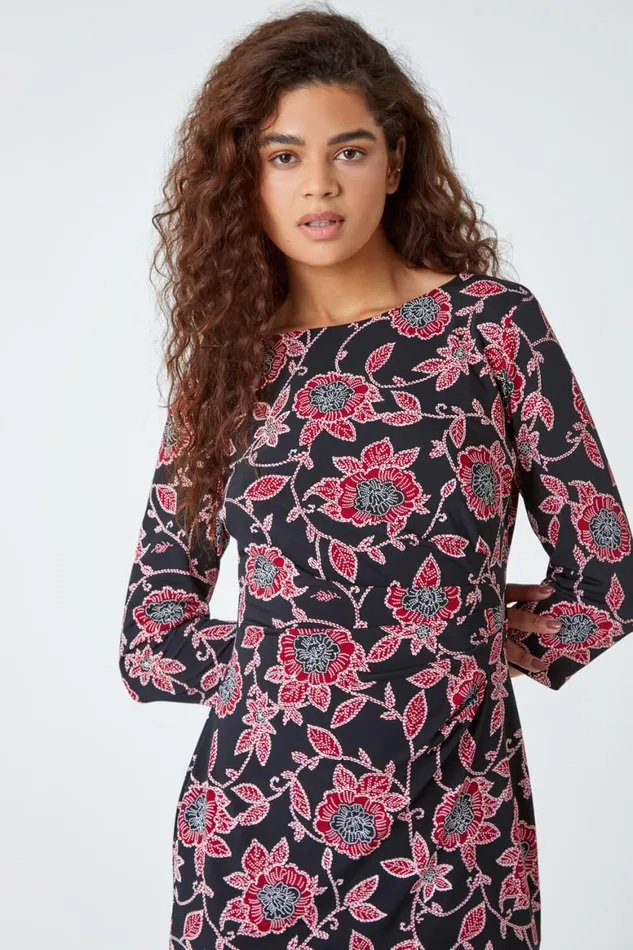 Women Red Floral Print Ruched Waist Stretch Dress Roman Dresses