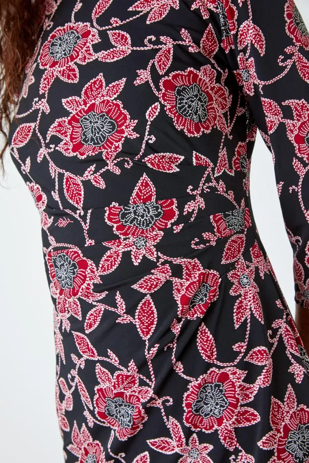 Women Red Floral Print Ruched Waist Stretch Dress Roman Dresses