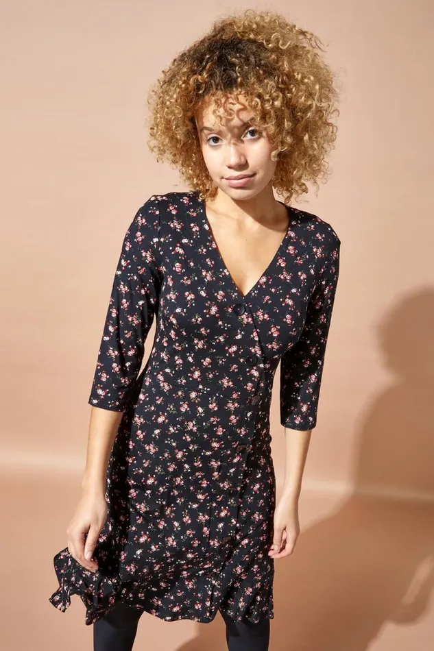 Women Red Floral Side Button Fit and Flare Tea Dress Roman Dresses