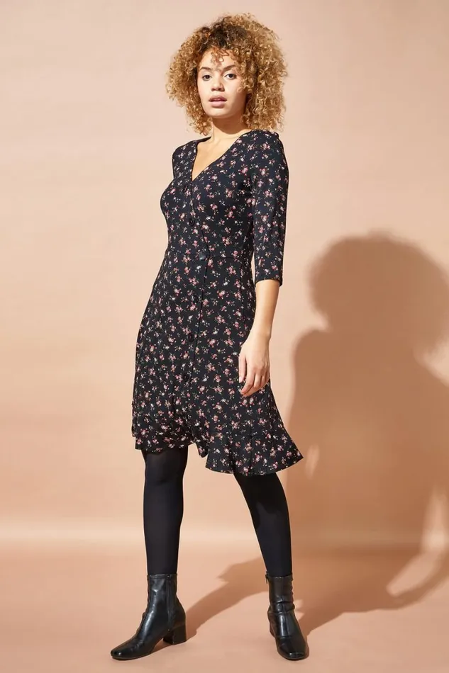 Women Red Floral Side Button Fit and Flare Tea Dress Roman Dresses