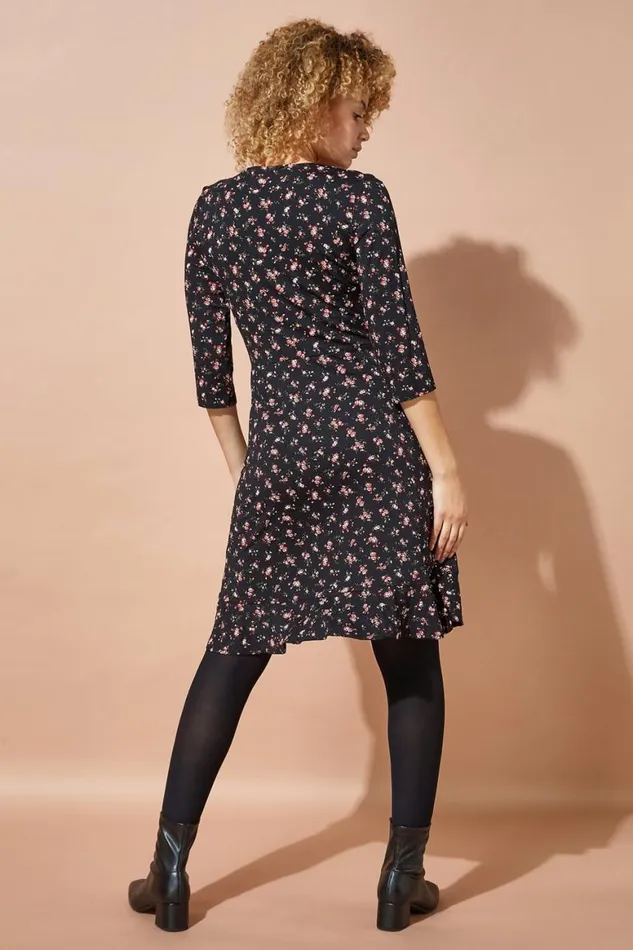 Women Red Floral Side Button Fit and Flare Tea Dress Roman Dresses
