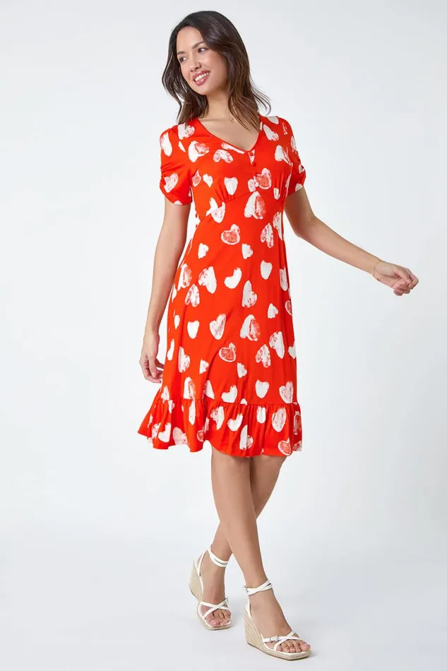 Women Red Heart Print Frill Hem Stretch Dress Roman Dresses