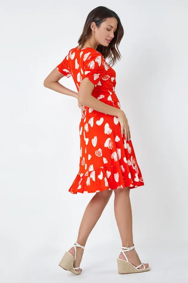 Women Red Heart Print Frill Hem Stretch Dress Roman Dresses