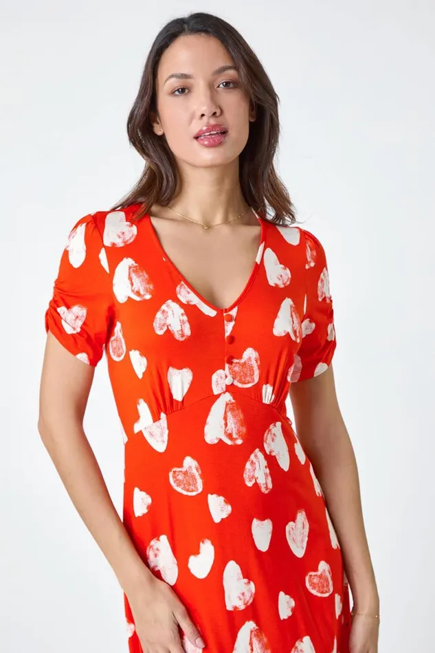 Women Red Heart Print Frill Hem Stretch Dress Roman Dresses