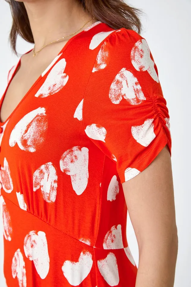 Women Red Heart Print Frill Hem Stretch Dress Roman Dresses