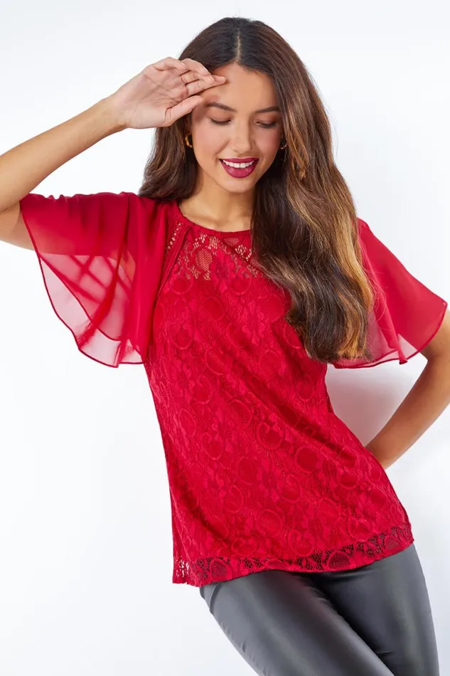Women Red Lace Chiffon Sleeve Shell Top Roman Tops