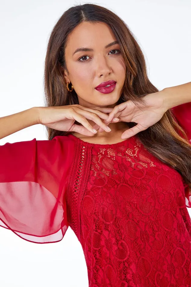 Women Red Lace Chiffon Sleeve Shell Top Roman Tops