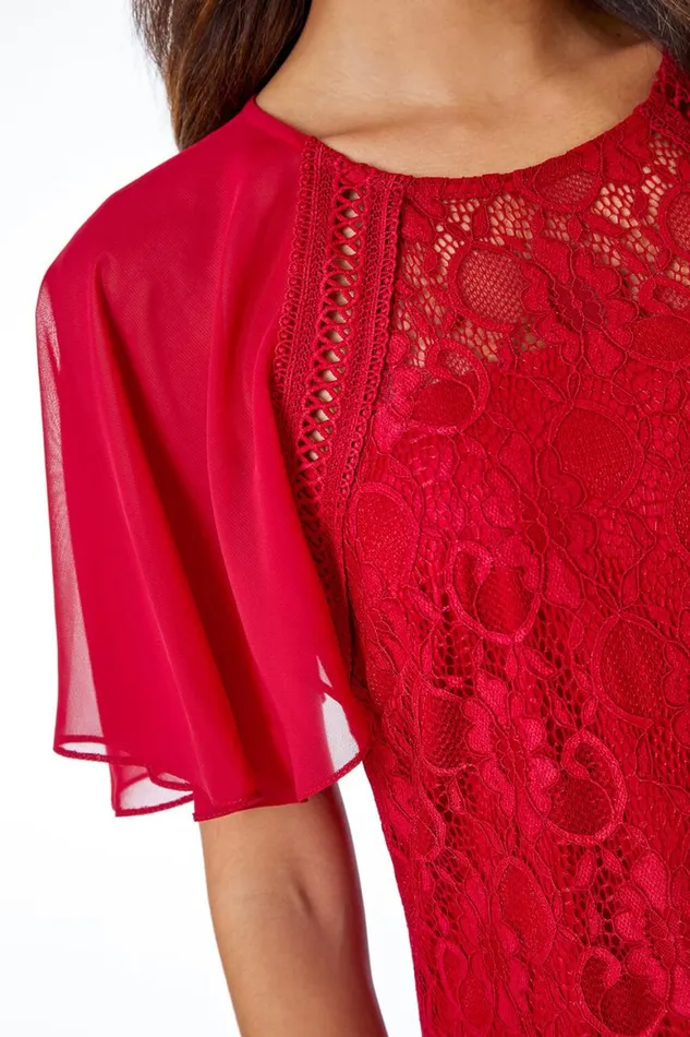 Women Red Lace Chiffon Sleeve Shell Top Roman Tops