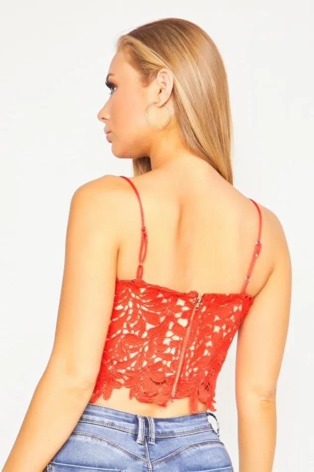 Women Red Lace Crop Top Red Brentiny Paris Top And Tank Tops
