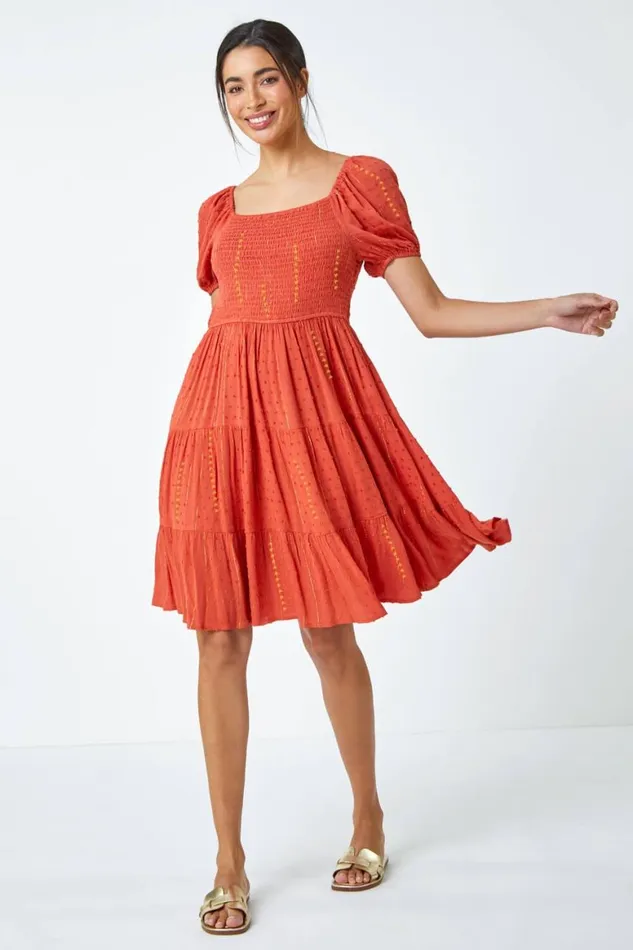 Women Red Metallic Puff Sleeve Shirred Dress Roman Dresses