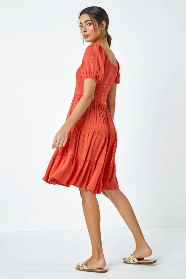 Women Red Metallic Puff Sleeve Shirred Dress Roman Dresses