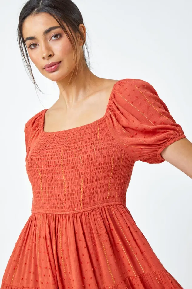 Women Red Metallic Puff Sleeve Shirred Dress Roman Dresses