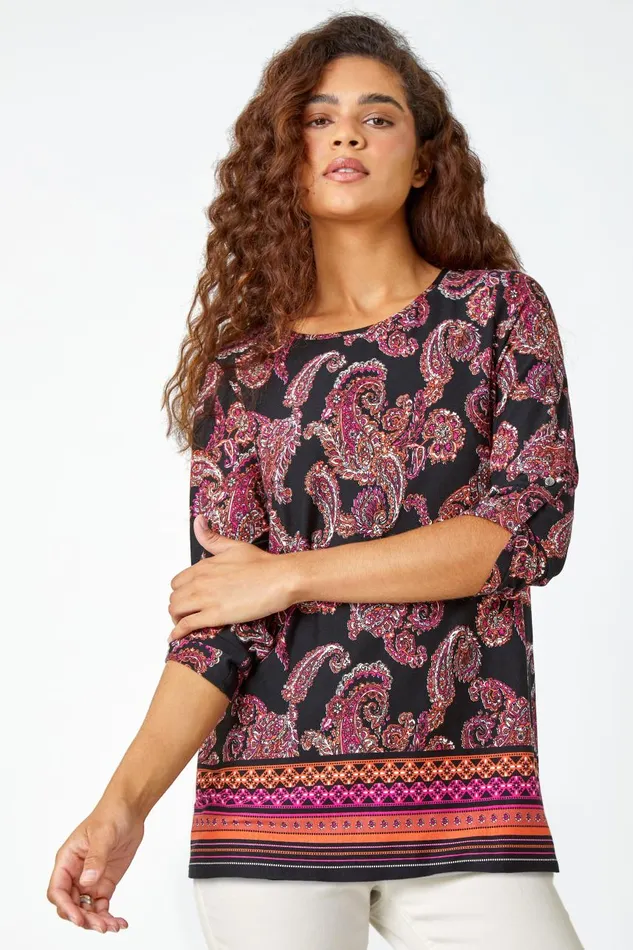 Women Red Paisley Border Print Stretch Tunic Top Roman Tops