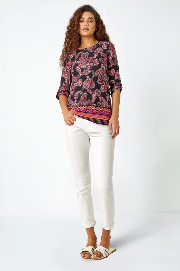 Women Red Paisley Border Print Stretch Tunic Top Roman Tops