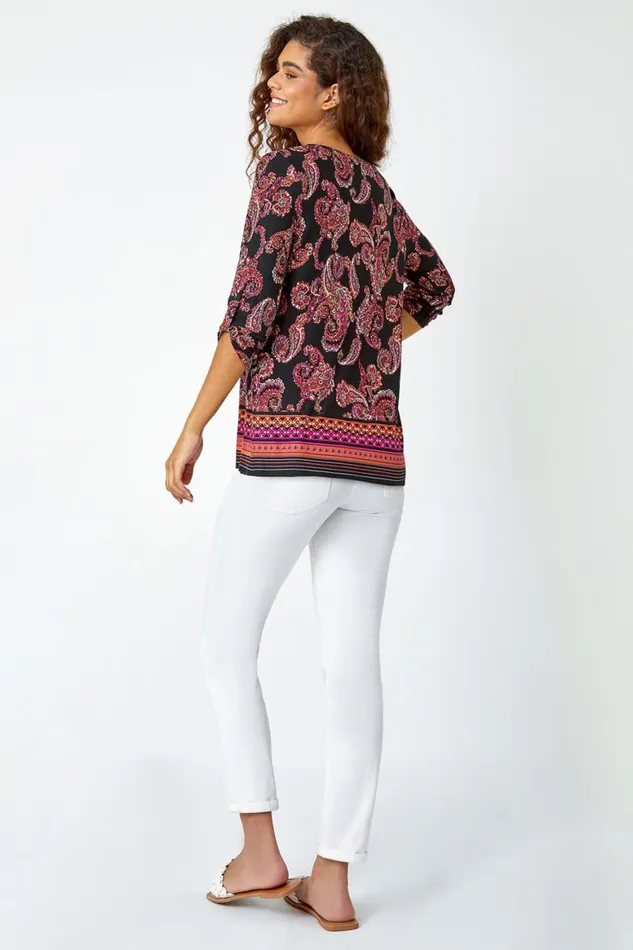 Women Red Paisley Border Print Stretch Tunic Top Roman Tops