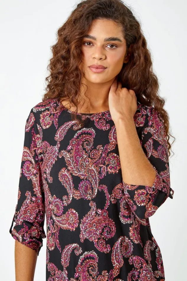 Women Red Paisley Border Print Stretch Tunic Top Roman Tops