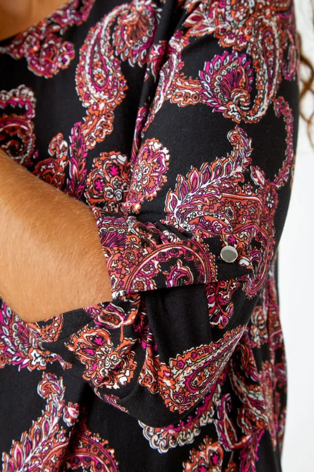 Women Red Paisley Border Print Stretch Tunic Top Roman Tops