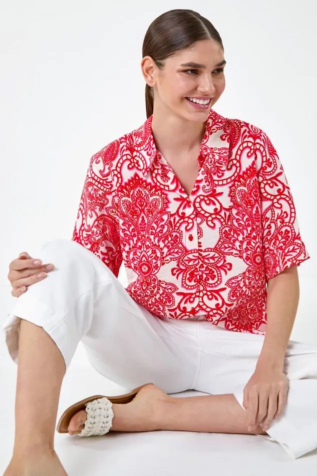 Women Red Paisley Print Button Shirt Roman Tops
