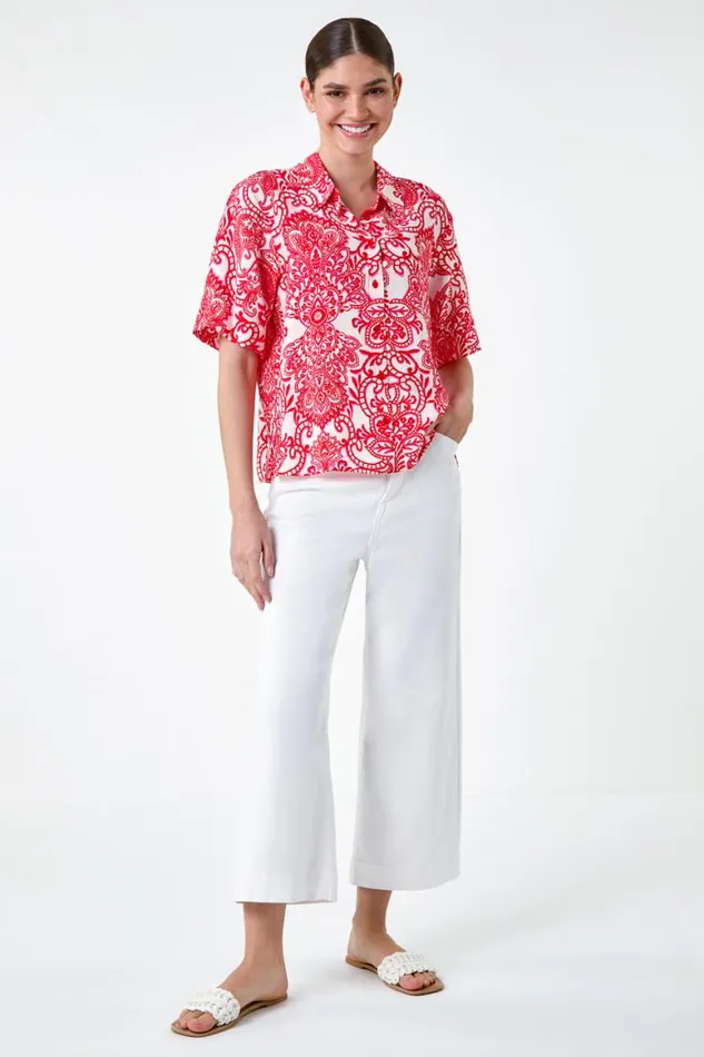 Women Red Paisley Print Button Shirt Roman Tops