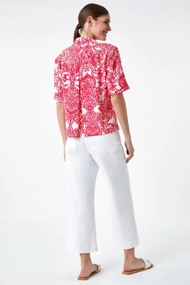 Women Red Paisley Print Button Shirt Roman Tops