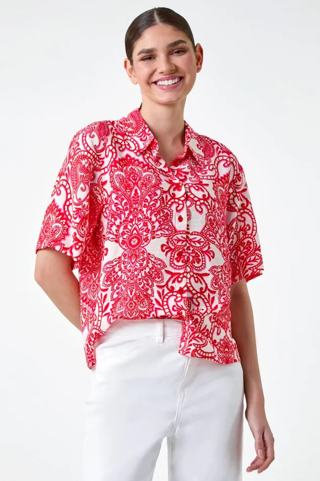 Women Red Paisley Print Button Shirt Roman Tops