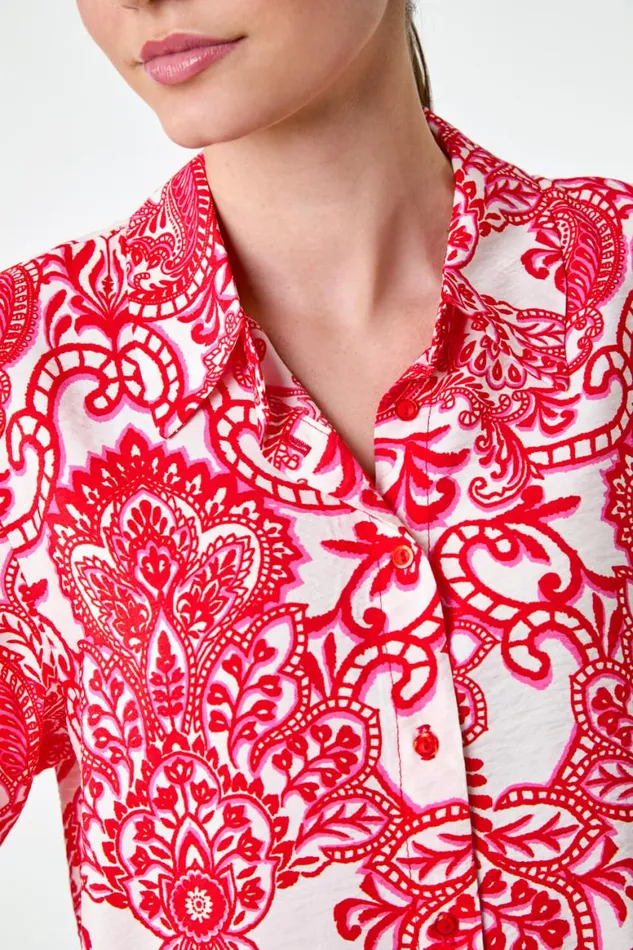 Women Red Paisley Print Button Shirt Roman Tops