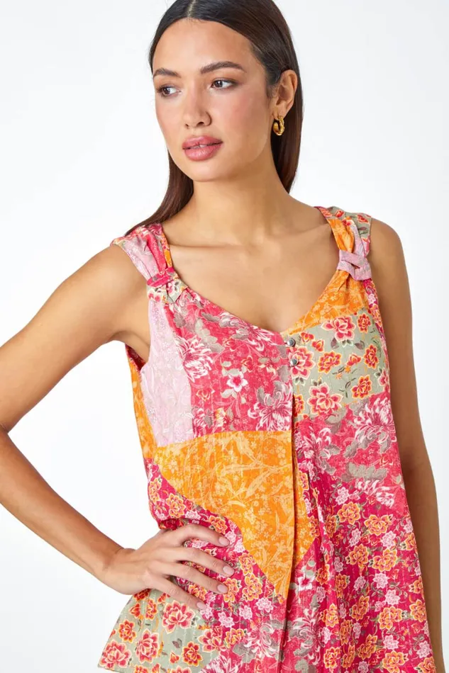 Women Red Patchwork Print Button Cami Top Roman Tops