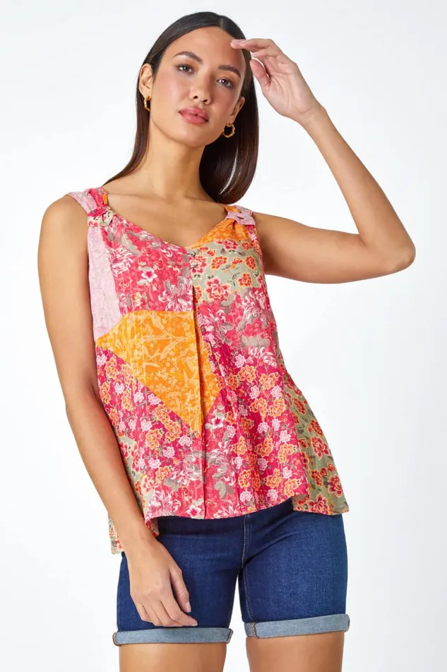 Women Red Patchwork Print Button Cami Top Roman Tops
