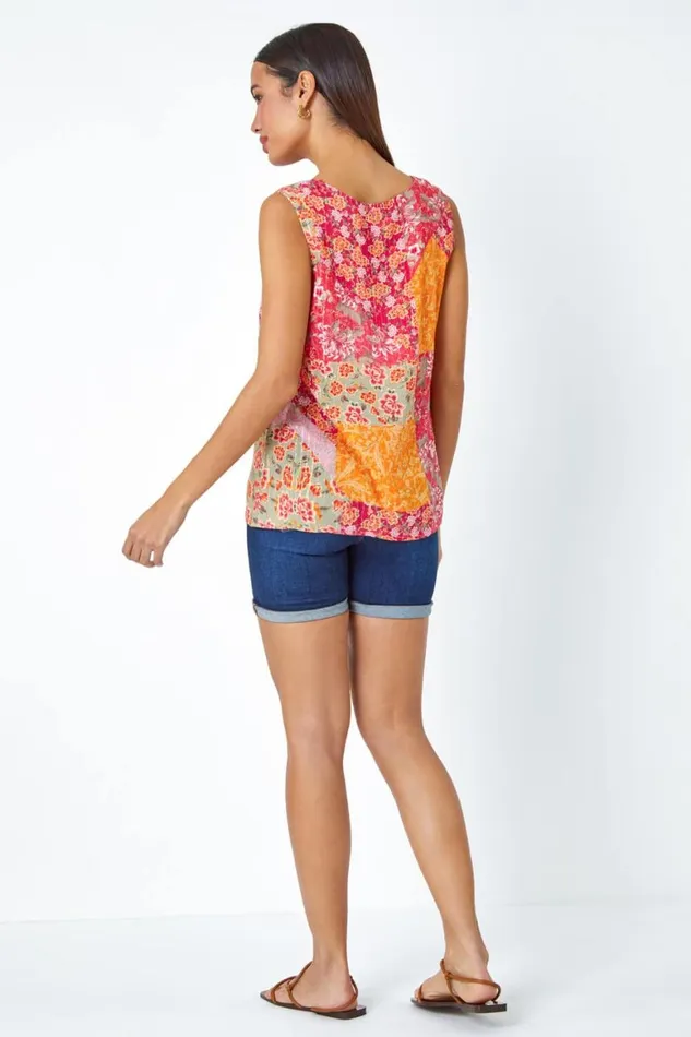 Women Red Patchwork Print Button Cami Top Roman Tops