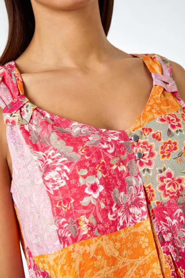 Women Red Patchwork Print Button Cami Top Roman Tops
