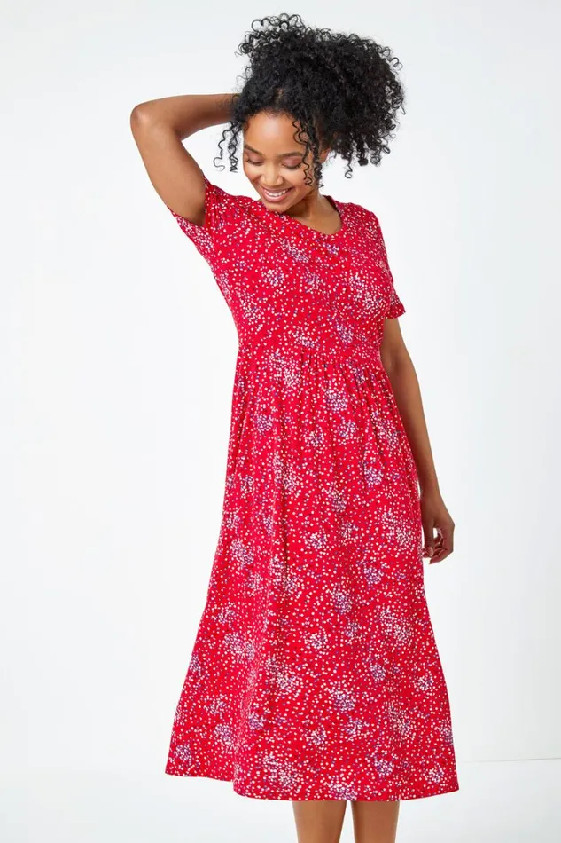 Women Red Petite Floral Print Midi Dress Roman Dresses