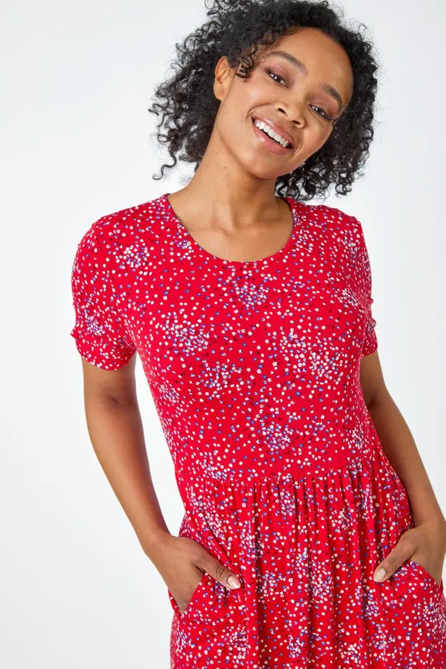 Women Red Petite Floral Print Midi Dress Roman Dresses