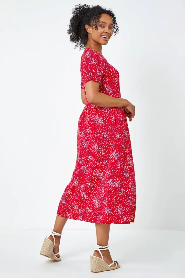 Women Red Petite Floral Print Midi Dress Roman Dresses