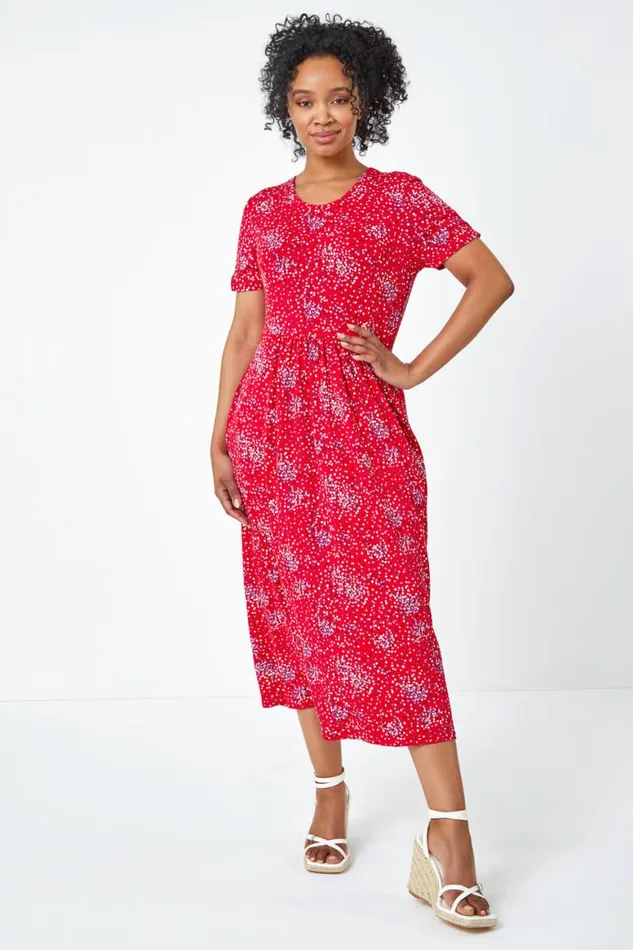 Women Red Petite Floral Print Midi Dress Roman Dresses