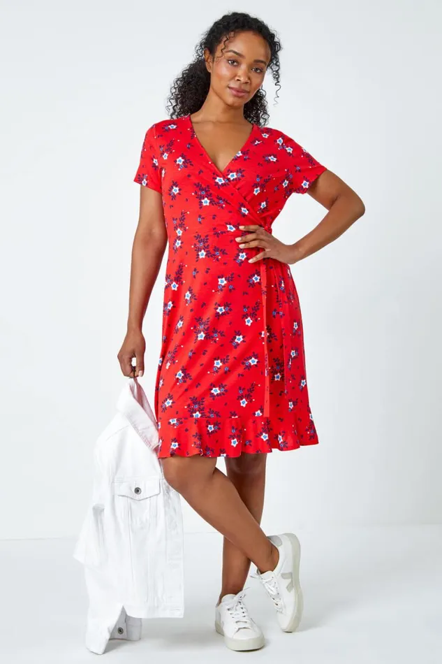 Women Red Petite Floral Stretch Wrap Dress Roman Dresses