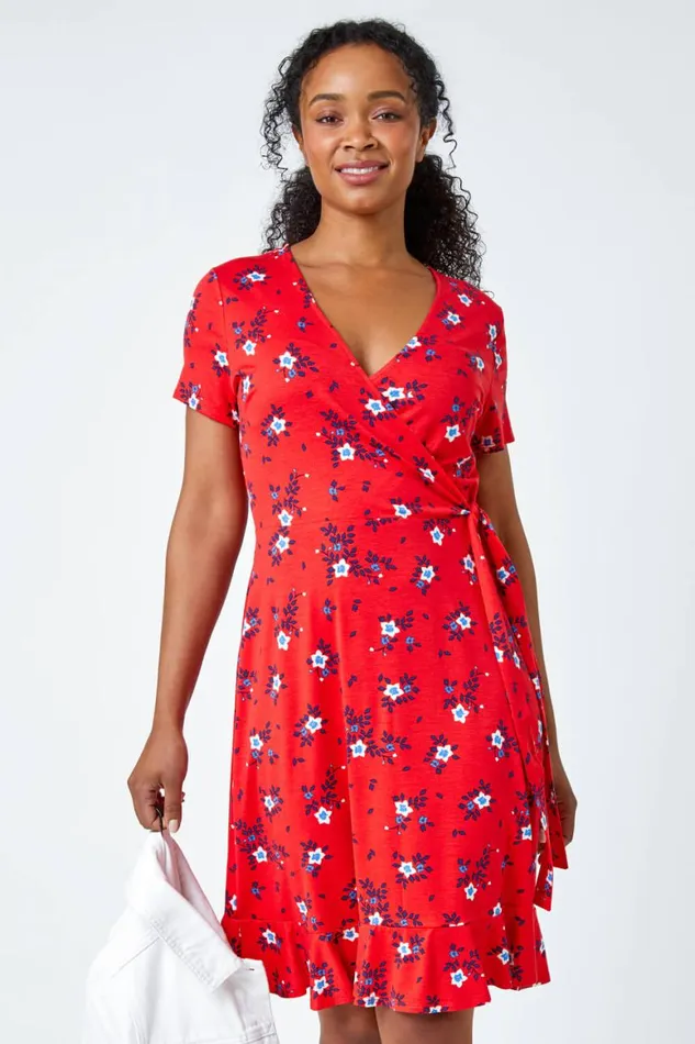 Women Red Petite Floral Stretch Wrap Dress Roman Dresses