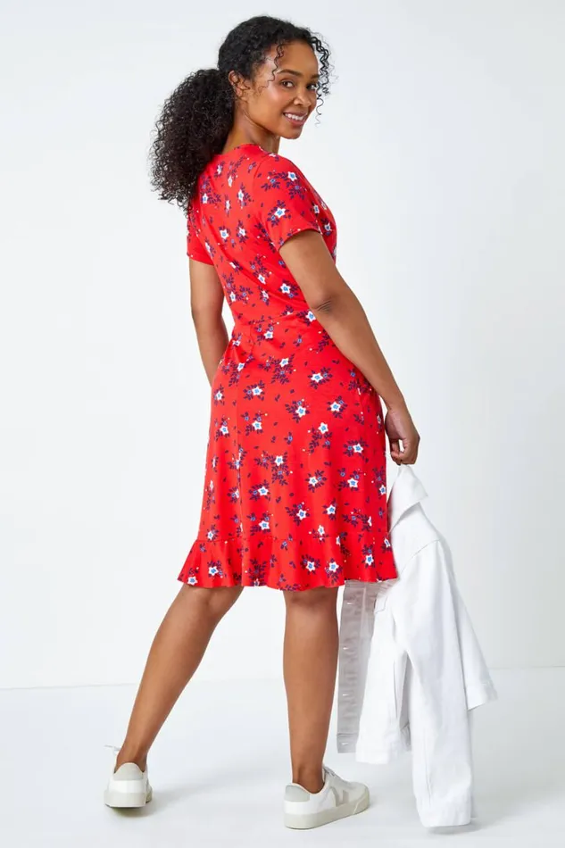Women Red Petite Floral Stretch Wrap Dress Roman Dresses