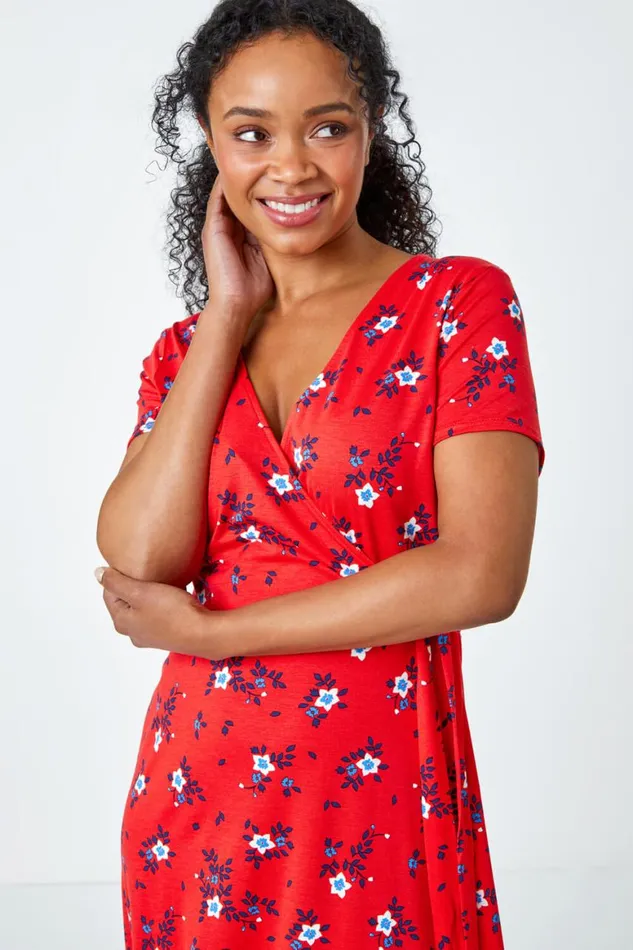 Women Red Petite Floral Stretch Wrap Dress Roman Dresses