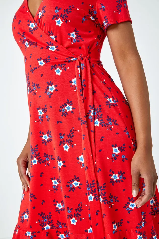 Women Red Petite Floral Stretch Wrap Dress Roman Dresses