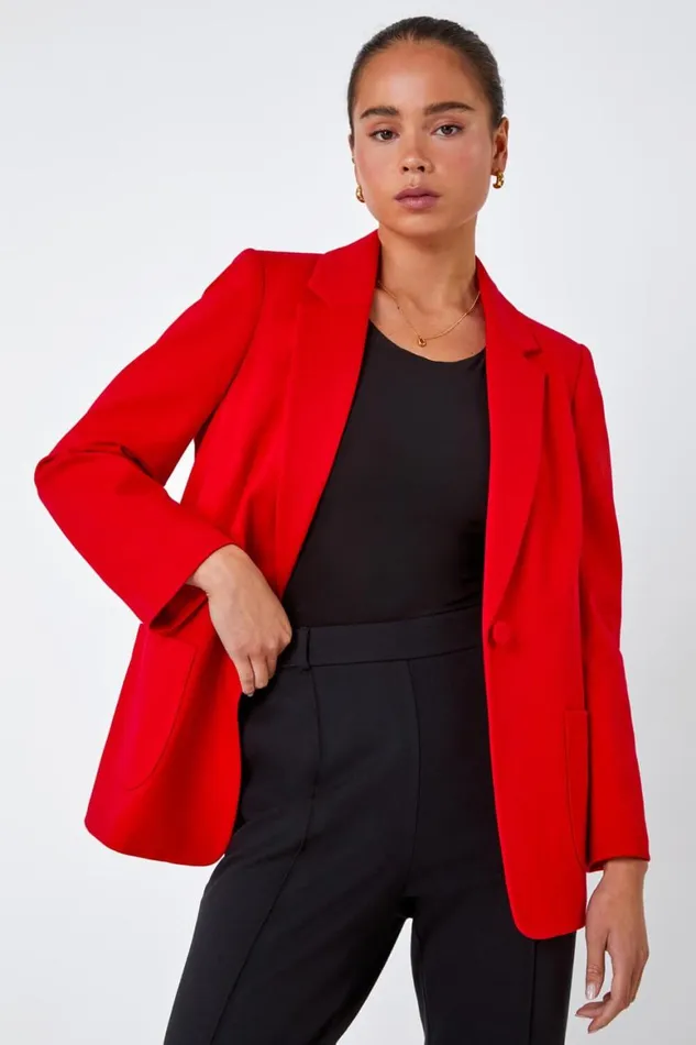 Women Red Petite Pocket Detail Stretch Blazer Roman Jackets