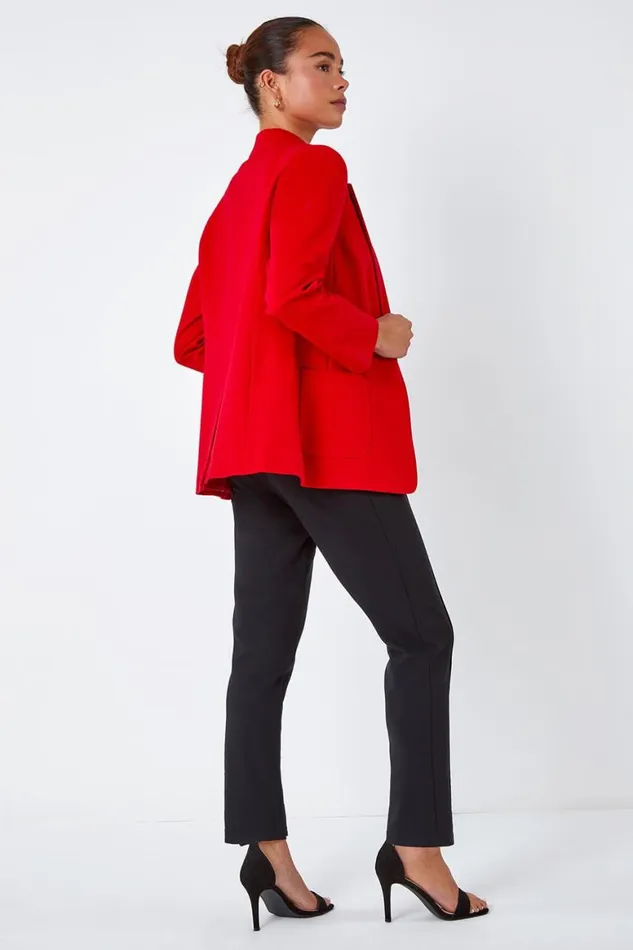 Women Red Petite Pocket Detail Stretch Blazer Roman Jackets